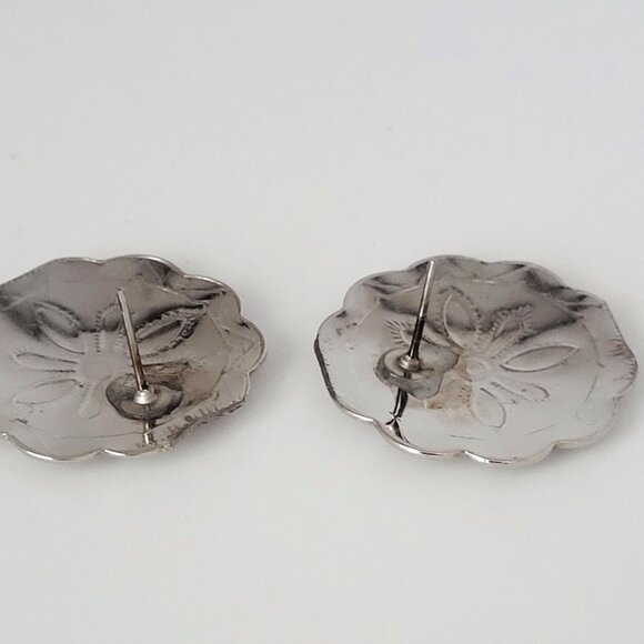 Shiny Chrome Plated Concho Detailed Earrings Pierced 1" - Picture 5 of 5